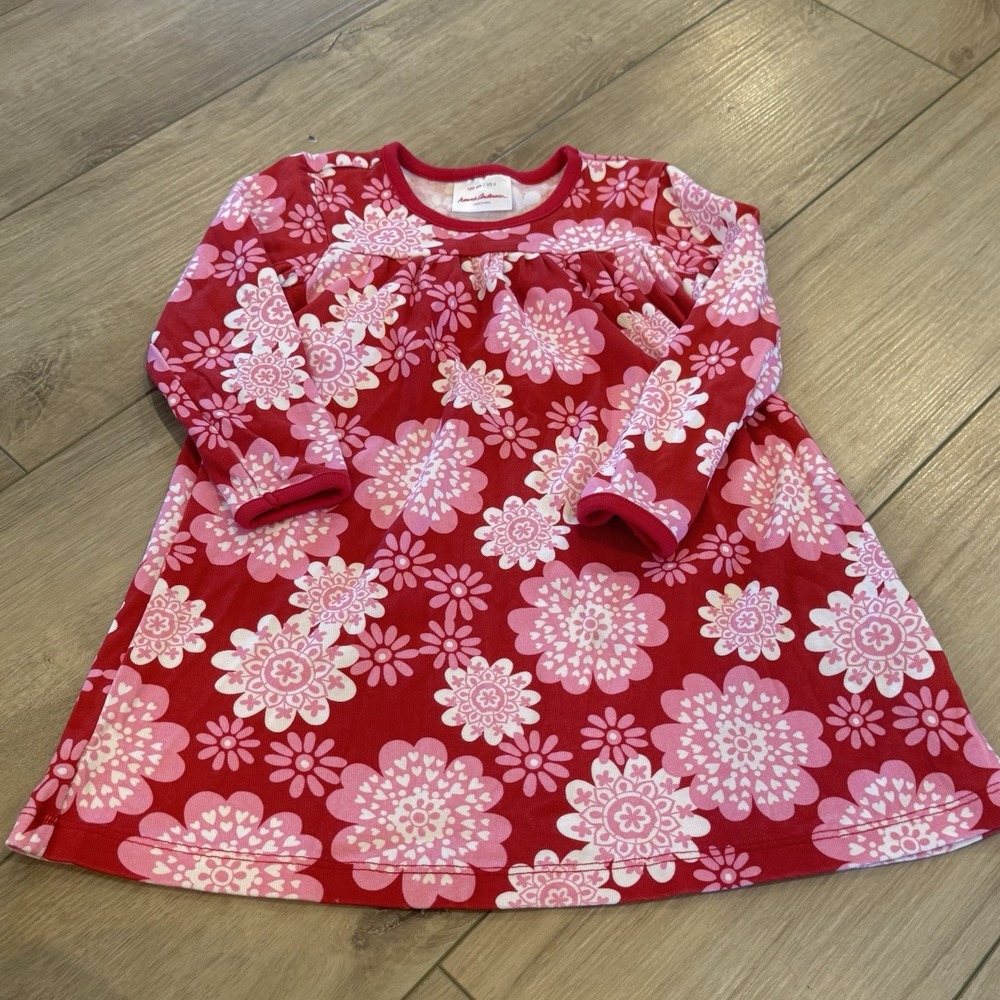 Hanna Andersson Pink Flower Dress 4T Long Sleeve Cotton Play Dress Floral Red